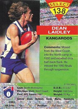 1994 Select AFL #138 Dean Laidley Back